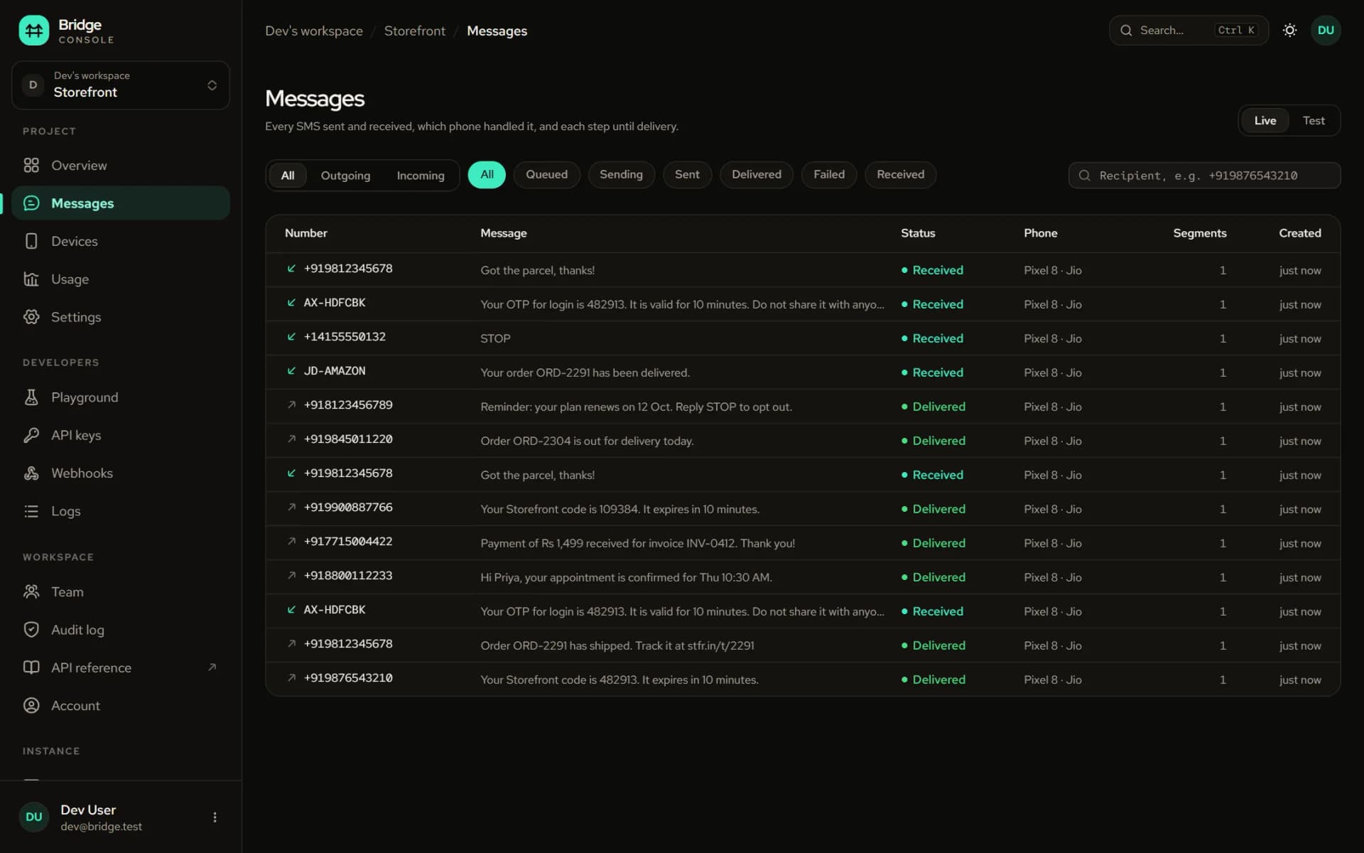 Bridge dashboard: the Messages page showing incoming and outgoing SMS with delivery status per phone